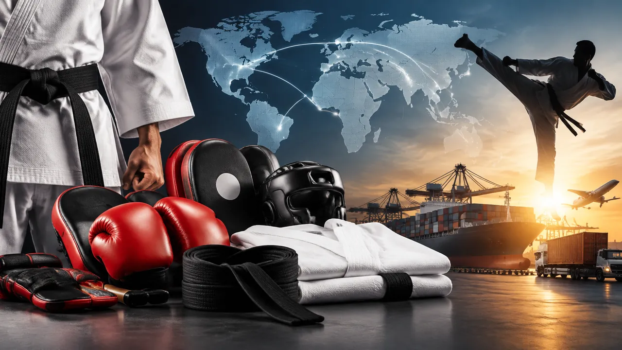 Martial arts equipment manufacturer in Sialkot Pakistan: boxing gloves, focus pads, head guard, black belt and judo gi ready for worldwide export