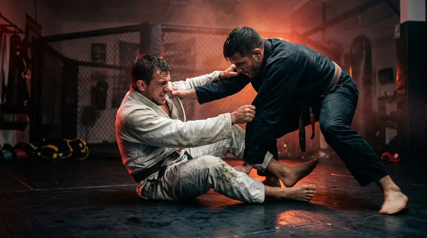 Two BJJ athletes grappling in a gym wearing white and black custom jiu-jitsu gis